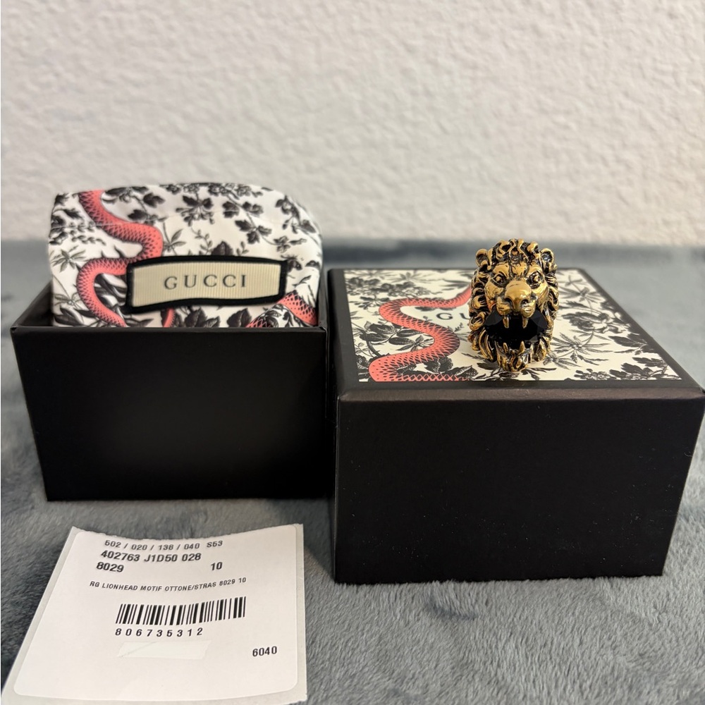 BRAND NEW Gucci Lion Head Bronze Black Crystal Ring Size 10 / X-Small / 5.25 - Picture 9 of 9